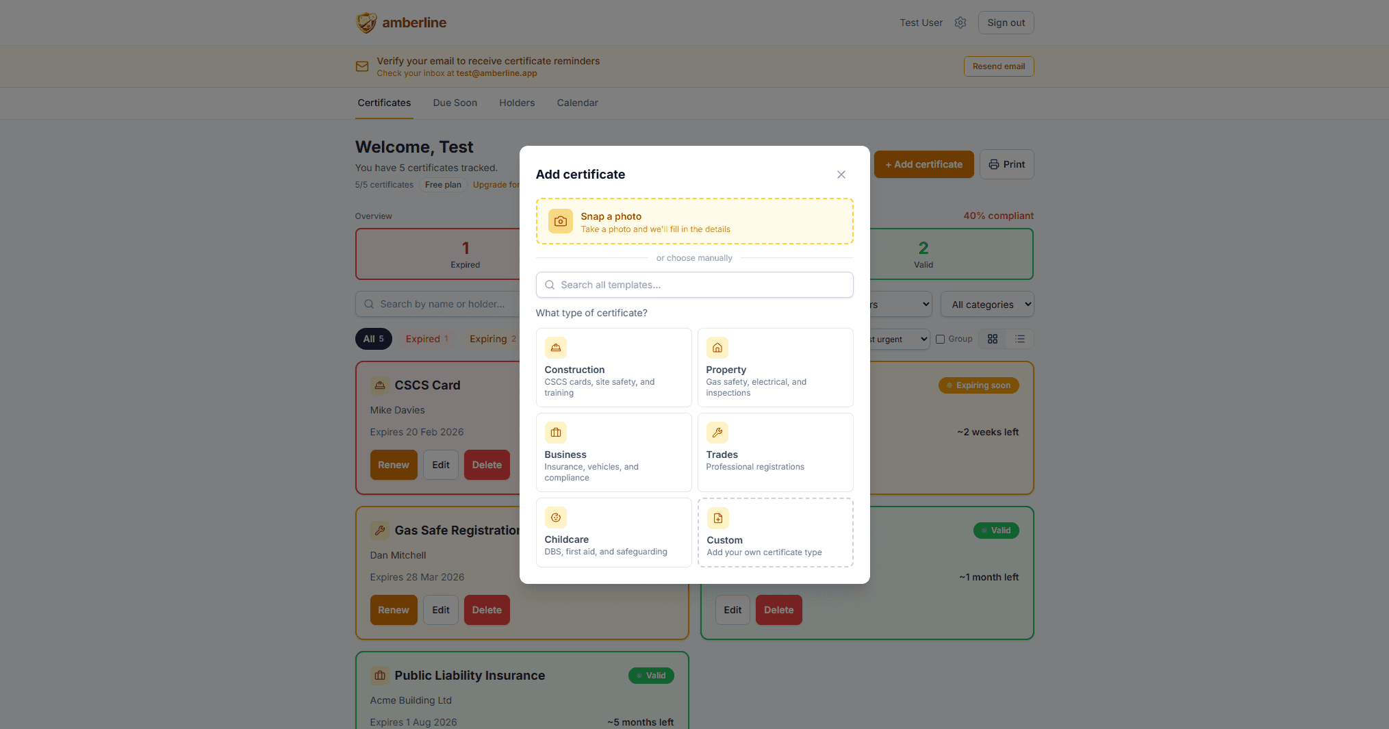 Pick from pre-loaded templates — just select the certificate type, no typing from scratch