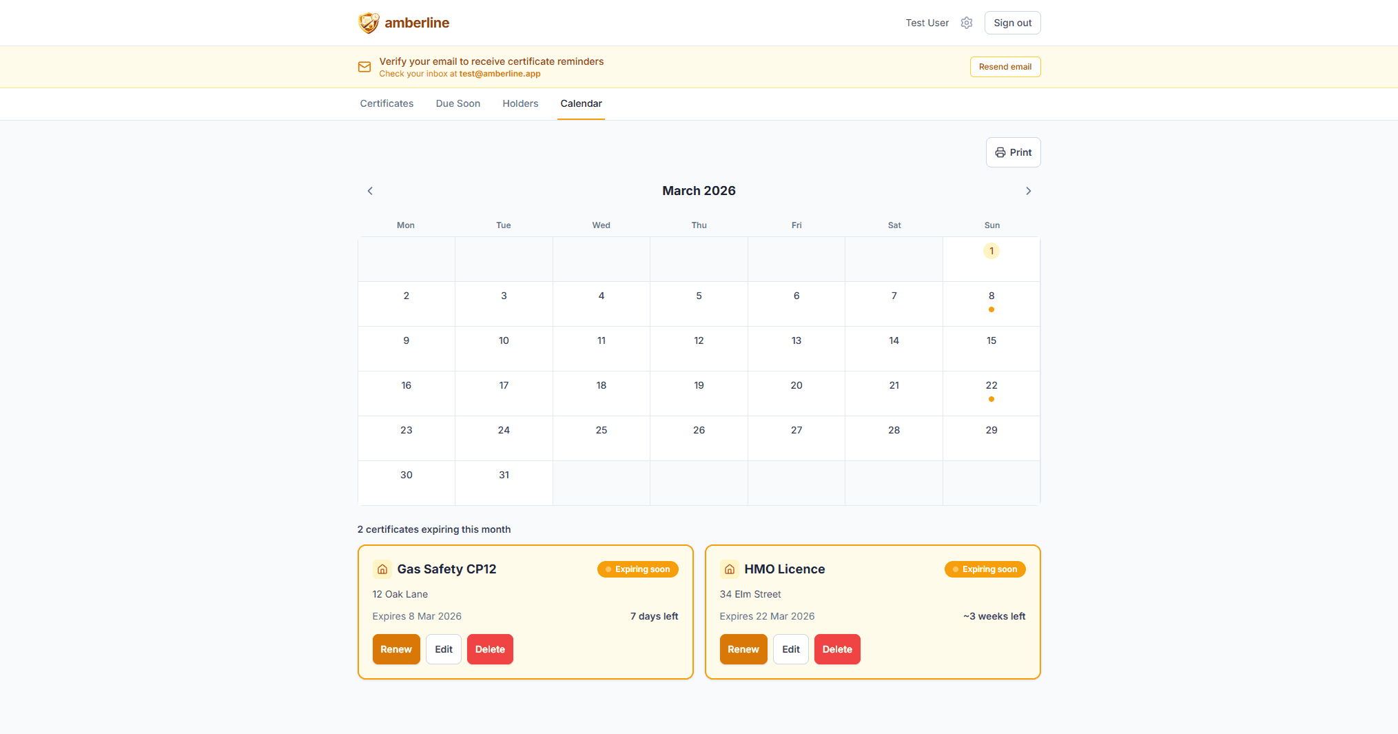 The calendar view shows when your Gas Safety, EICR, and HMO certificates expire — plan engineer visits ahead of time