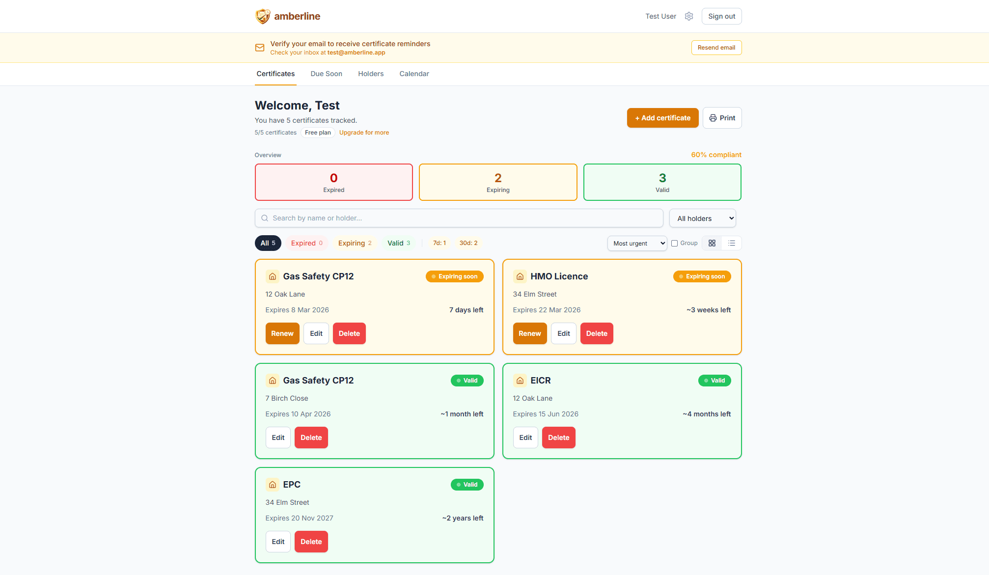 See every property certificate's status at a glance — Gas Safety, EICR, EPC, and HMO across your portfolio