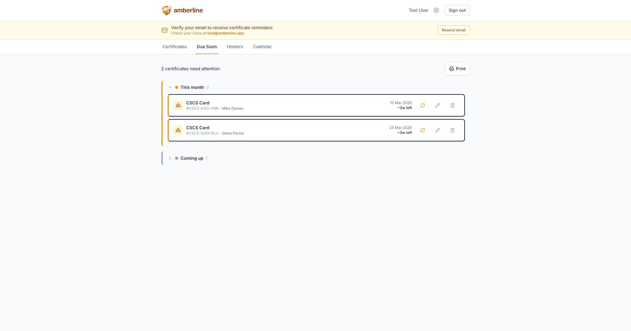 The Due Soon view shows which CSCS cards and construction certificates need renewal this week and this month