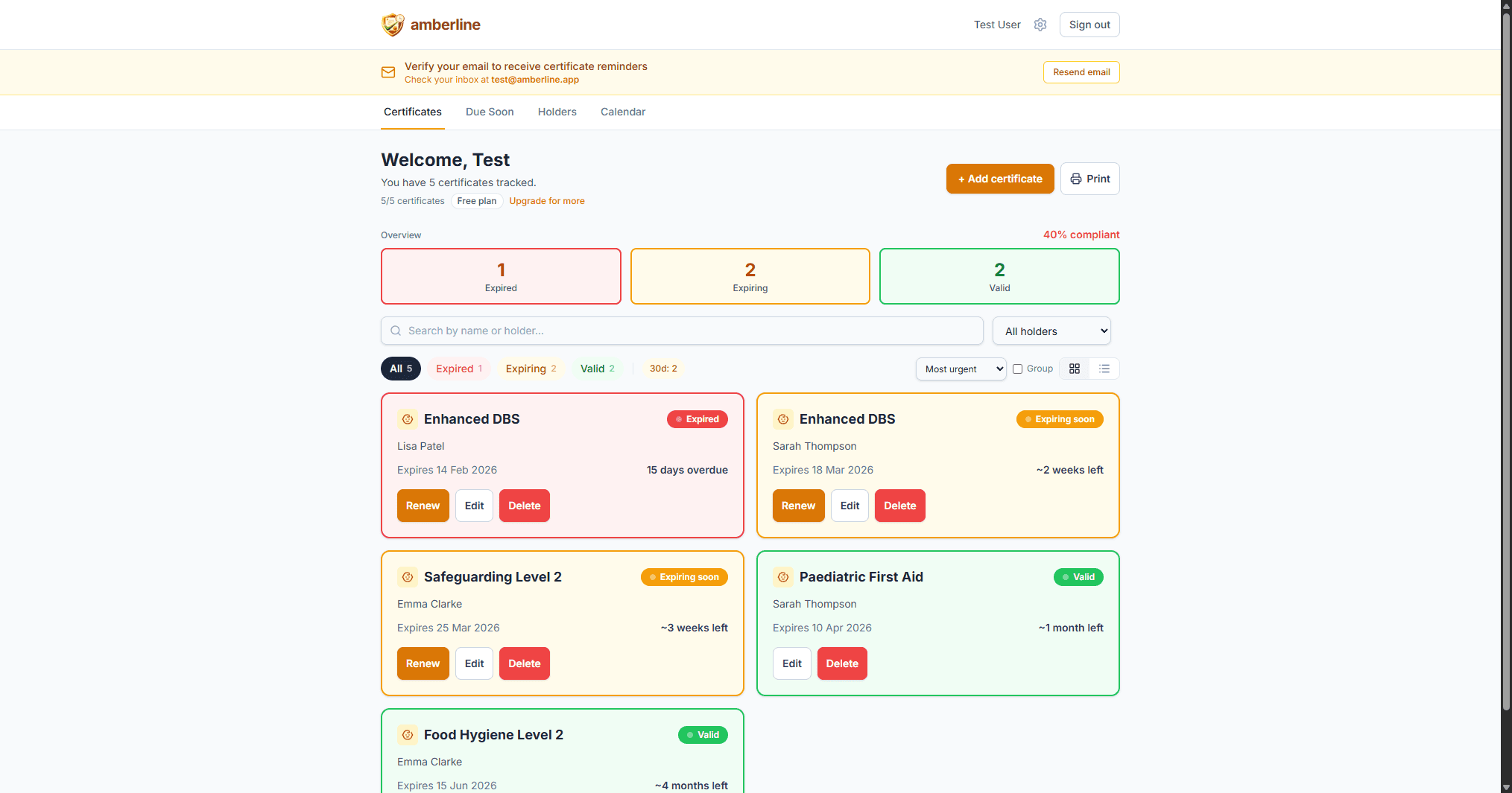 Amberline's traffic-light dashboard showing DBS, Paediatric First Aid, Safeguarding, and Food Hygiene certificates for nursery staff