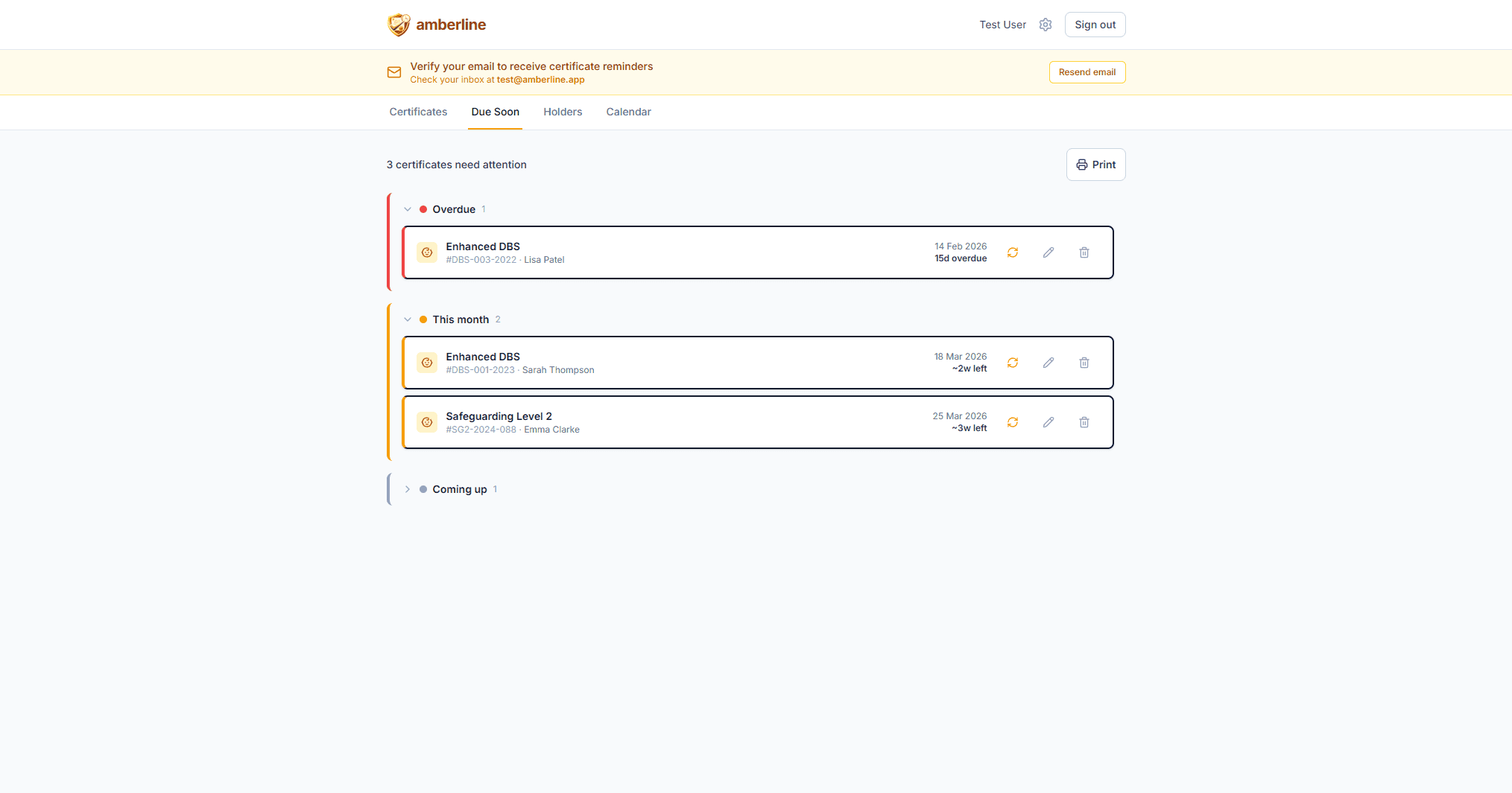 The Due Soon view shows which nursery staff certificates need renewal — Lisa Patel's DBS is overdue, Sarah Thompson's is expiring this month
